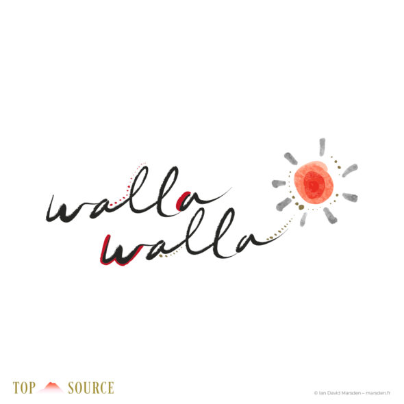 Handwritten Walla Walla identity with red accents and sun symbol developed for Top Source Syrah label redesign.