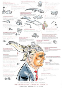 Cartoon of Donald Trump in chaotic, explosive scene by illustrator Ian Marsden.