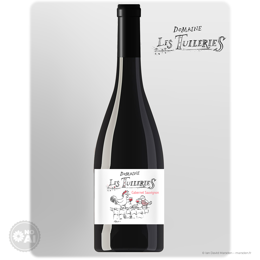 Domaine Les Tuileries wine bottle with custom label by Ian David Marsden