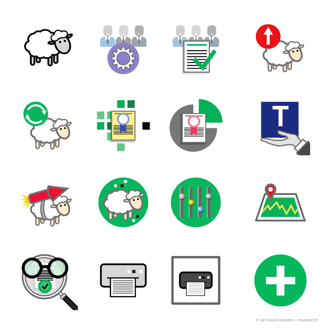 Custom icon set for TRM360 software with personas and action elements in a consistent flat style