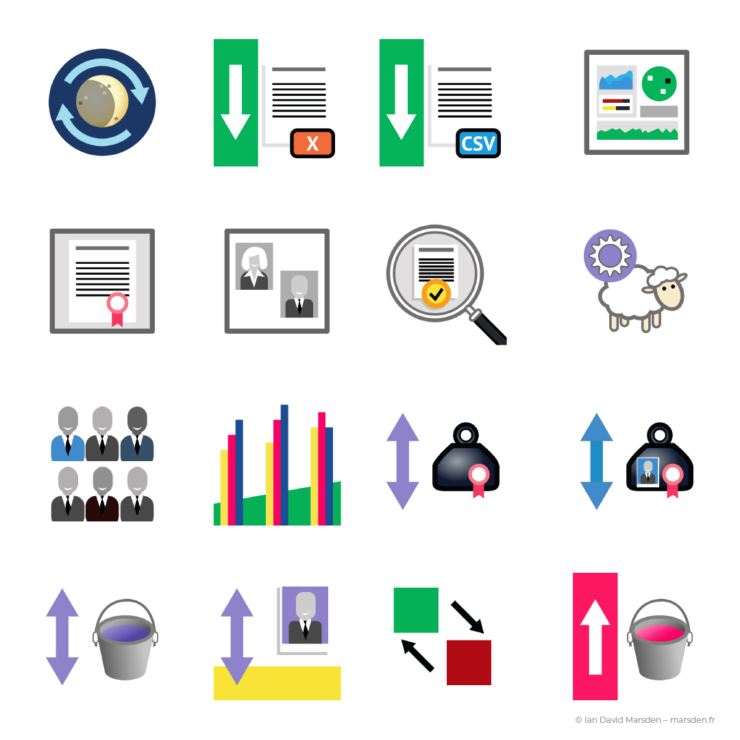 UX/UI persona icons with tech roles, charts, settings, and collaboration metaphors used in TRM360 SaaS interface