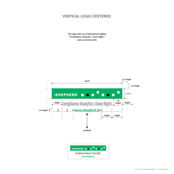 iSHEPHERD logo horizontal format with annotated brand guidelines for spacing, alignment, and proportions