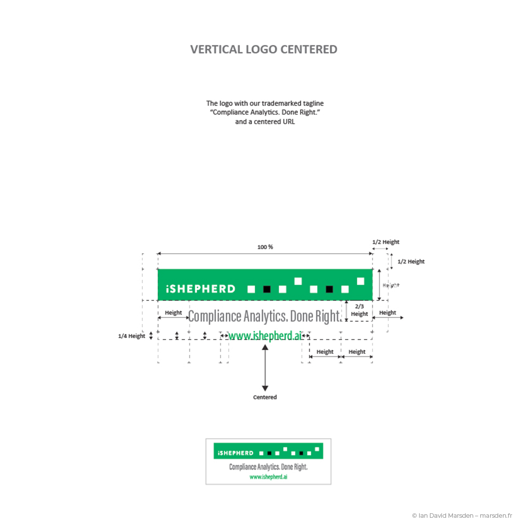 iSHEPHERD logo horizontal format with annotated brand guidelines for spacing, alignment, and proportions