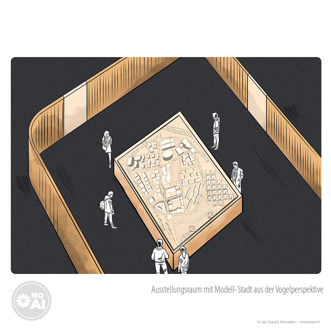 Overhead concept illustration of Volkswagen SEDRIC exhibition stand with people and floor layout