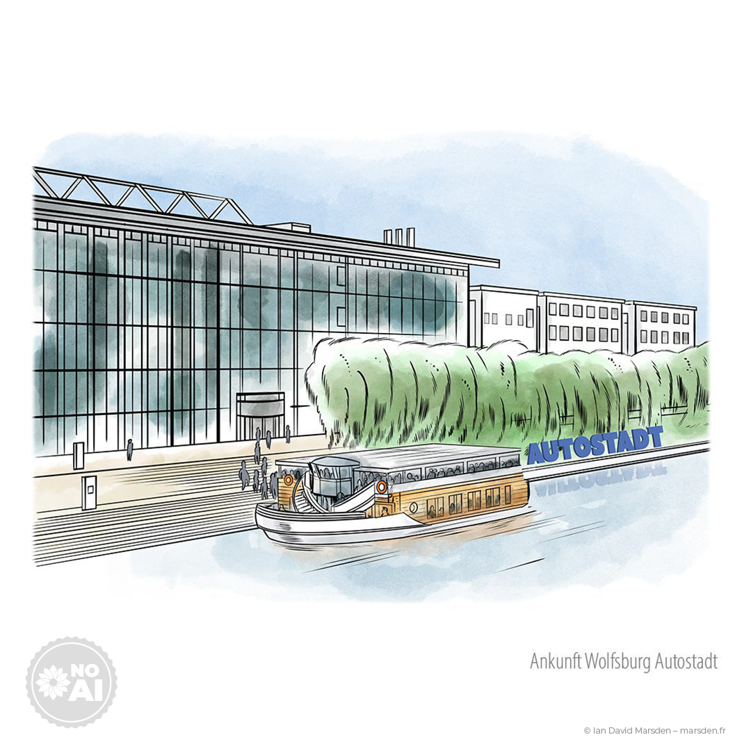 Concept art of Volkswagen SEDRIC driving through Autostadt with river and trees in view