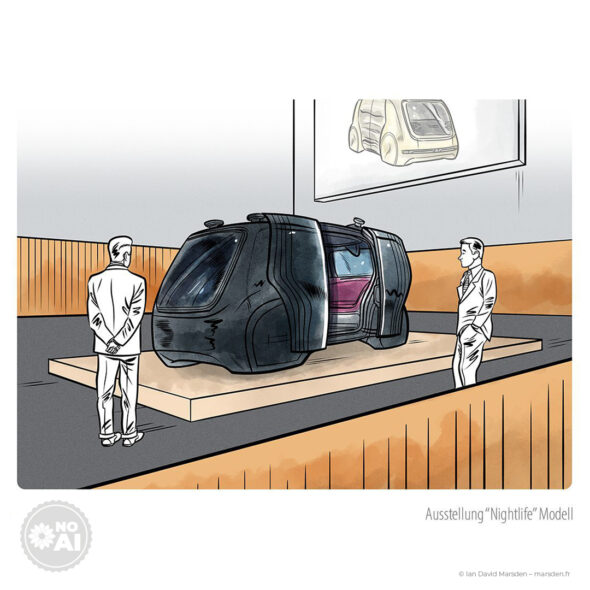 Volkswagen SEDRIC car on display with ‘Nightlife’ interior design concept and visitors viewing