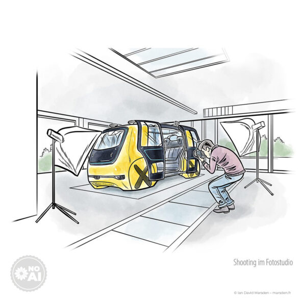 Concept drawing of SEDRIC autonomous car in photo studio with lighting and crew setup