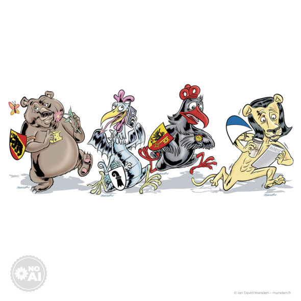 Cartoon illustration of four anthropomorphic animals: a bear, a chicken, a crow, and a lion, each with a heraldic shield.