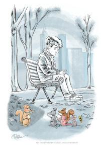 Cartoon of man on bench with animals mimicking a strange gesture by Ian David Marsden.