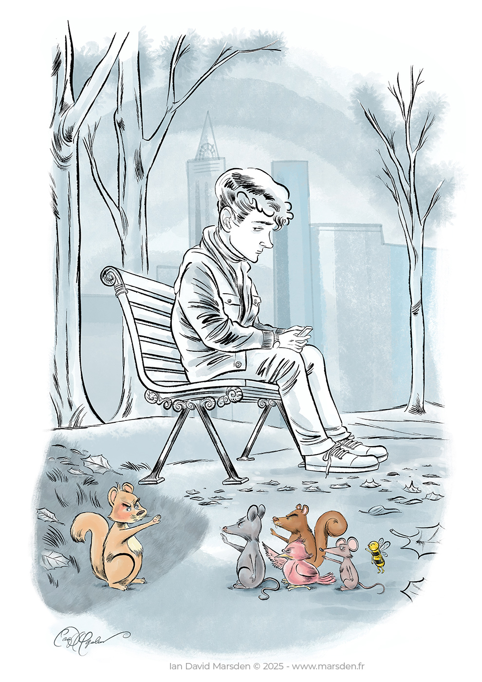 Cartoon of man on bench with animals mimicking a strange gesture by Ian David Marsden.