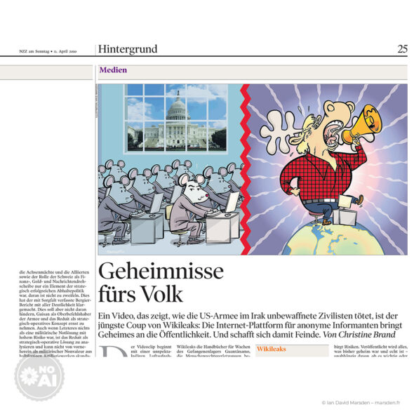 A split-screen editorial cartoon showing mice in business suits working at computers on the left, and a man with a megaphone on the right.