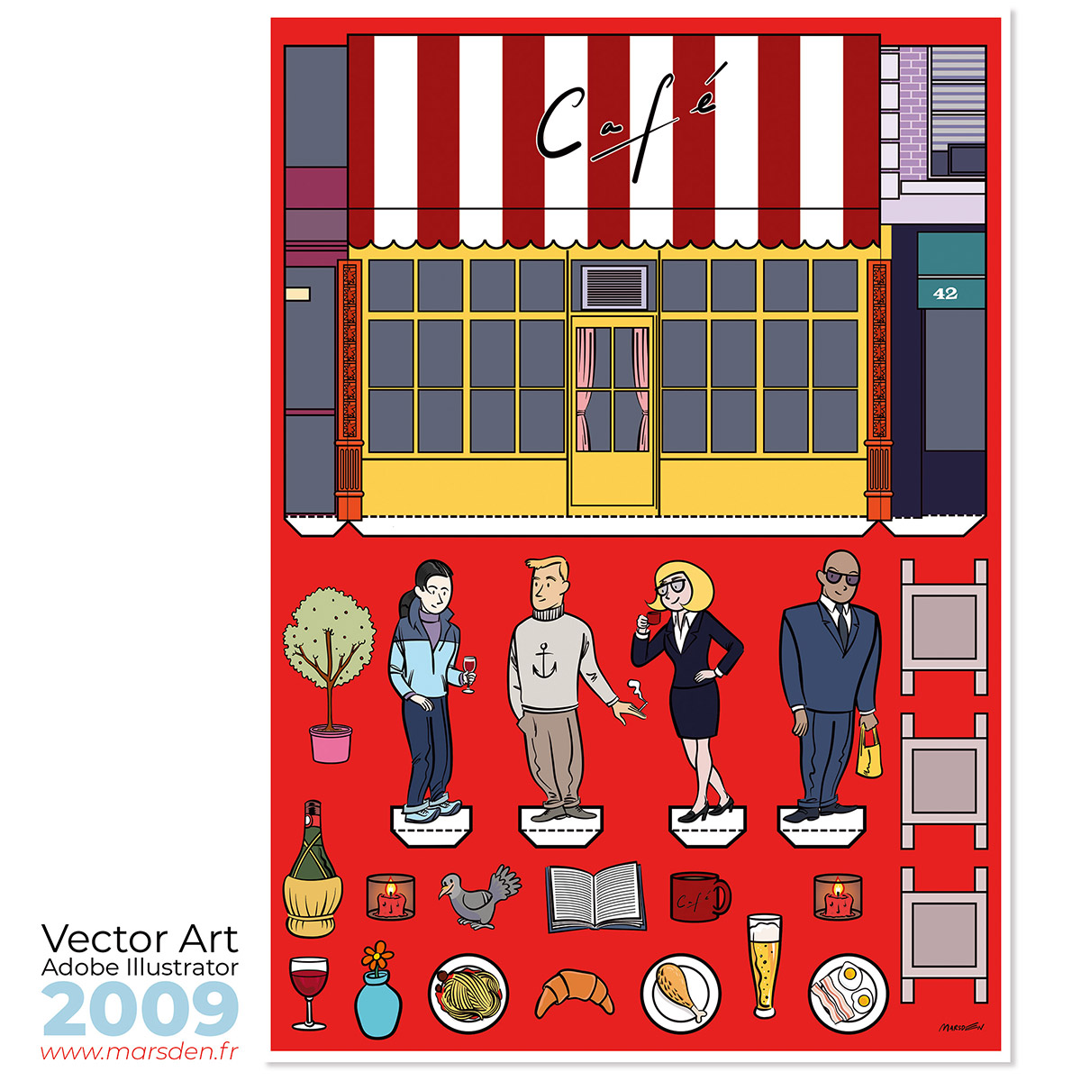 Vector-style poster of a red café exterior with cutout-style figures waiting outside, by Ian David Marsden