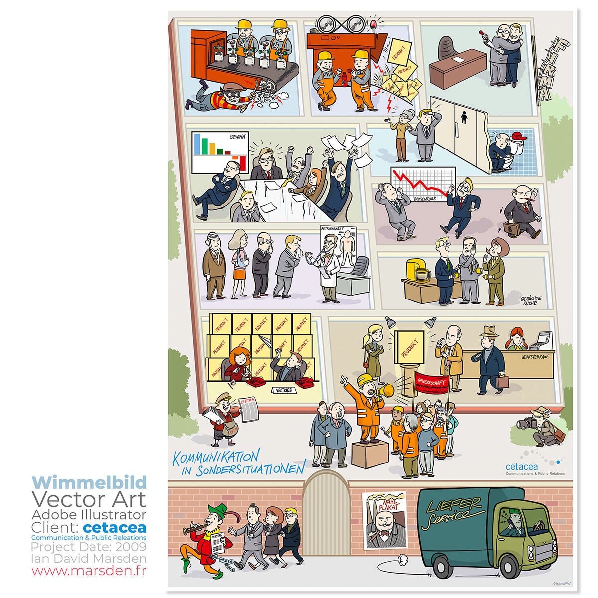 Wimmelbild illustration of a chaotic corporate environment showing office departments, characters in meetings, presentations, and industrial mishaps