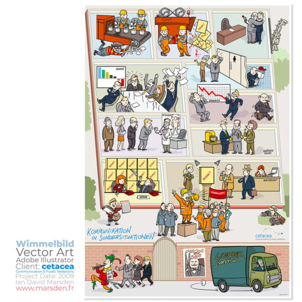 Cartoon collage of business scenes: factory, meetings, protests, packaging, sales, street market.