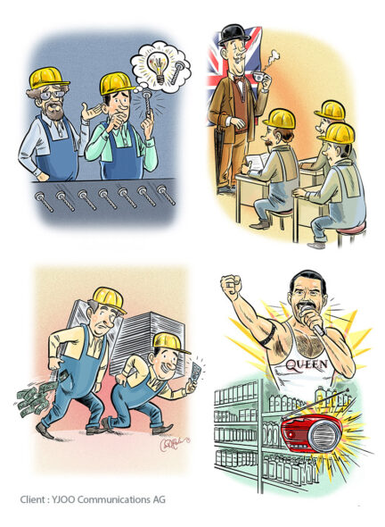 Collage of four cartoon scenes: workers in hard hats on a conveyor; a union speech; runners with money and a ticket; Queen performing in a store aisle with spotlight and shopping cart.