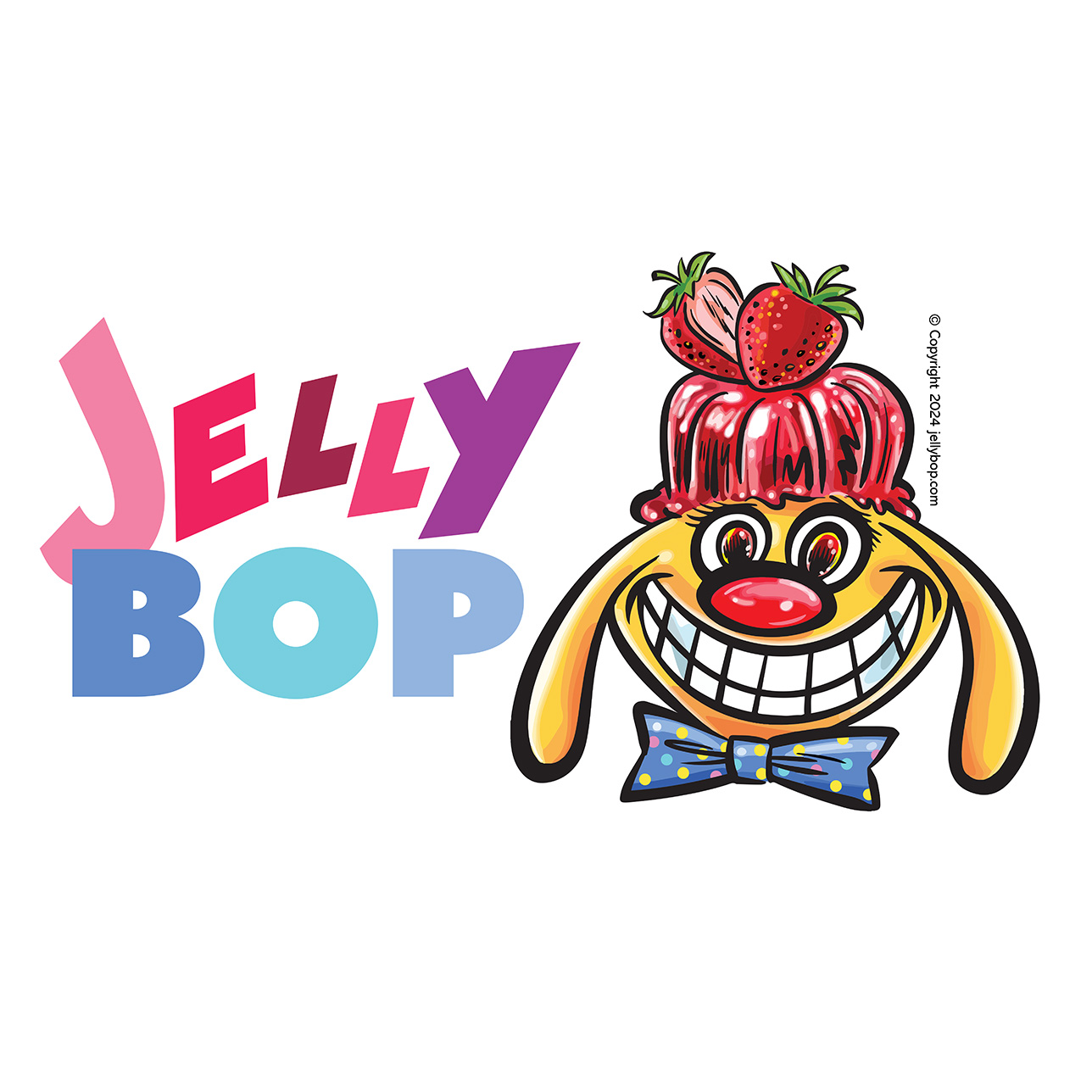 Colorful clown character with red and blue logo text, mascot designed for Jelly Bop animation company.