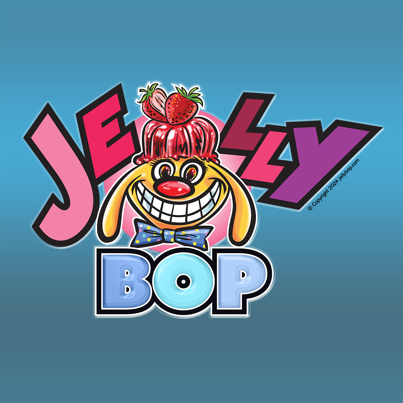 Clown mascot with candy hair and bold text logo for Jelly Bop animation studio on a blue background.