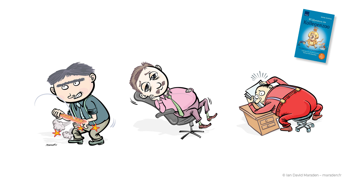 Animal metaphors for quiet employees from Kollegenzoo — including hermit crab and desk pinscher