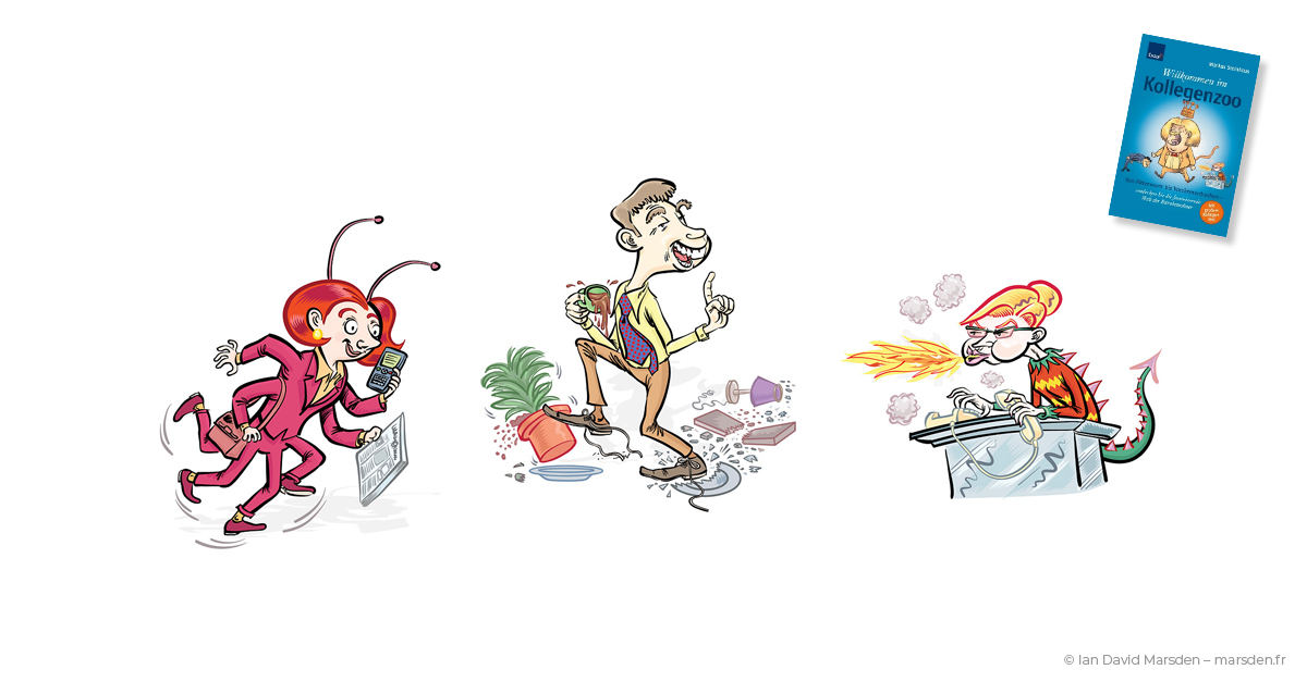 Animal characters from Kollegenzoo representing teamwork and support staff behaviors