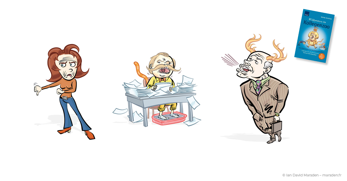 Kollegenzoo characters symbolizing criticism, empty authority, and status defense in office culture