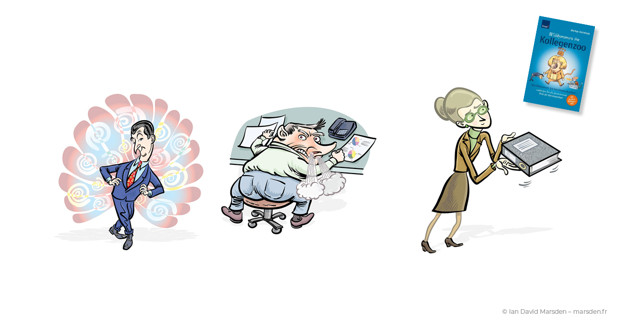 Kollegenzoo office characters including vanity-driven and stress-affected employees