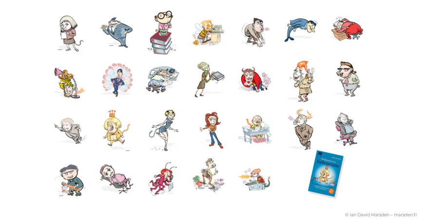 Grid view of all Kollegenzoo animal characters representing office behaviors illustrated by Ian David Marsden.