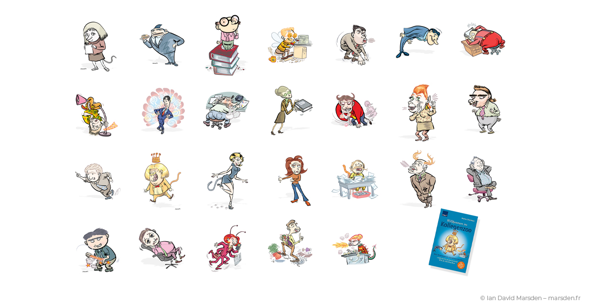 Grid view of all Kollegenzoo animal characters representing office behaviors illustrated by Ian David Marsden.
