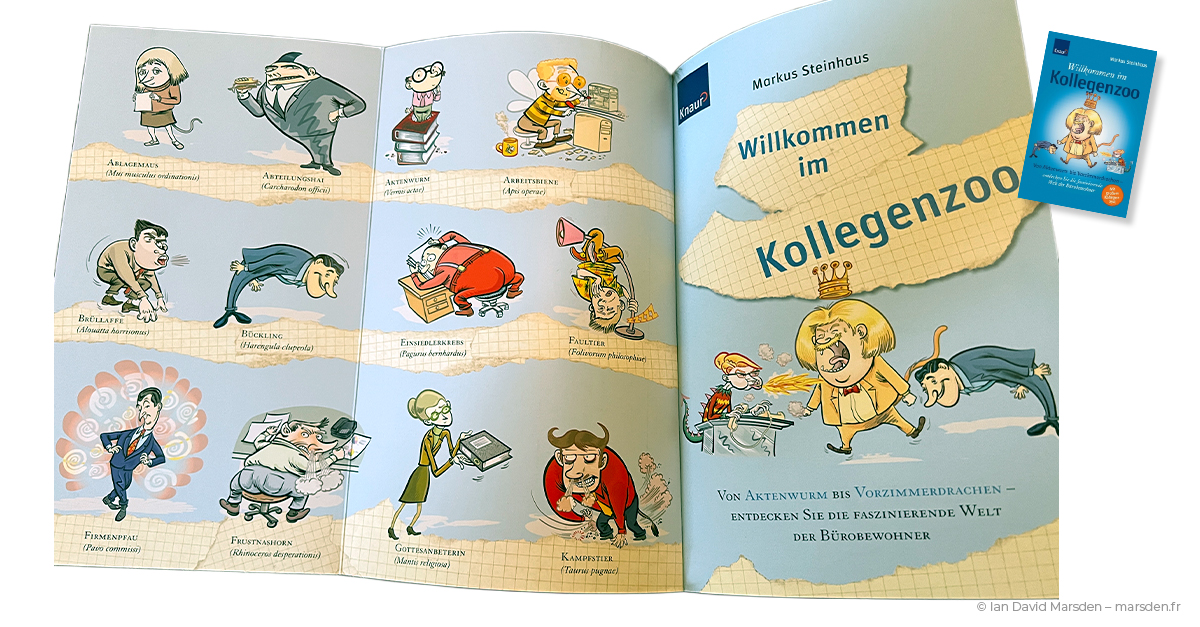 Inside foldout from Kollegenzoo showing full set of animal character metaphors by Ian David Marsden