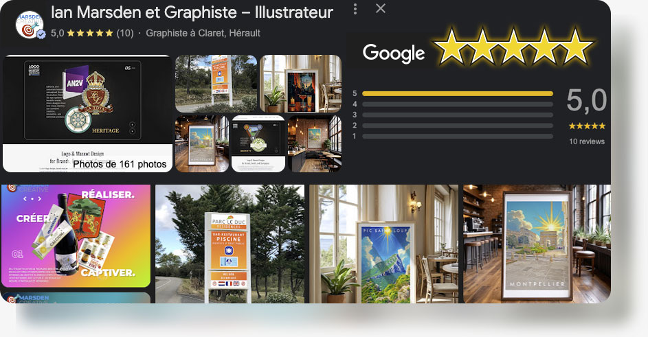 Graphiste et directeur artistique à Claret (34270), Pic Saint-Loup, avec avis 5 étoiles sur Google. Illustration de projets pour domaines viticoles, startups et collectivités dans la région de Montpellier.