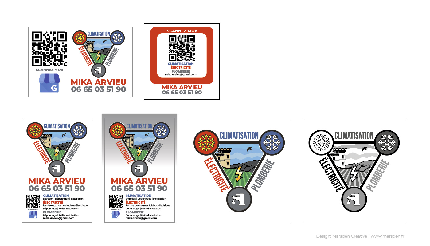 Triangle logo design with QR codes for a local tradesman offering plumbing, electrical, and climate control services in southern France.