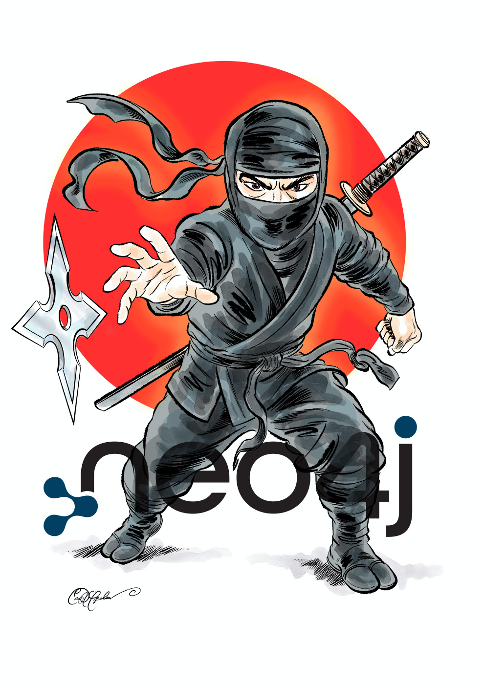 Ninja character design for Neo4j educational materials, shown in crouching pose with red background.