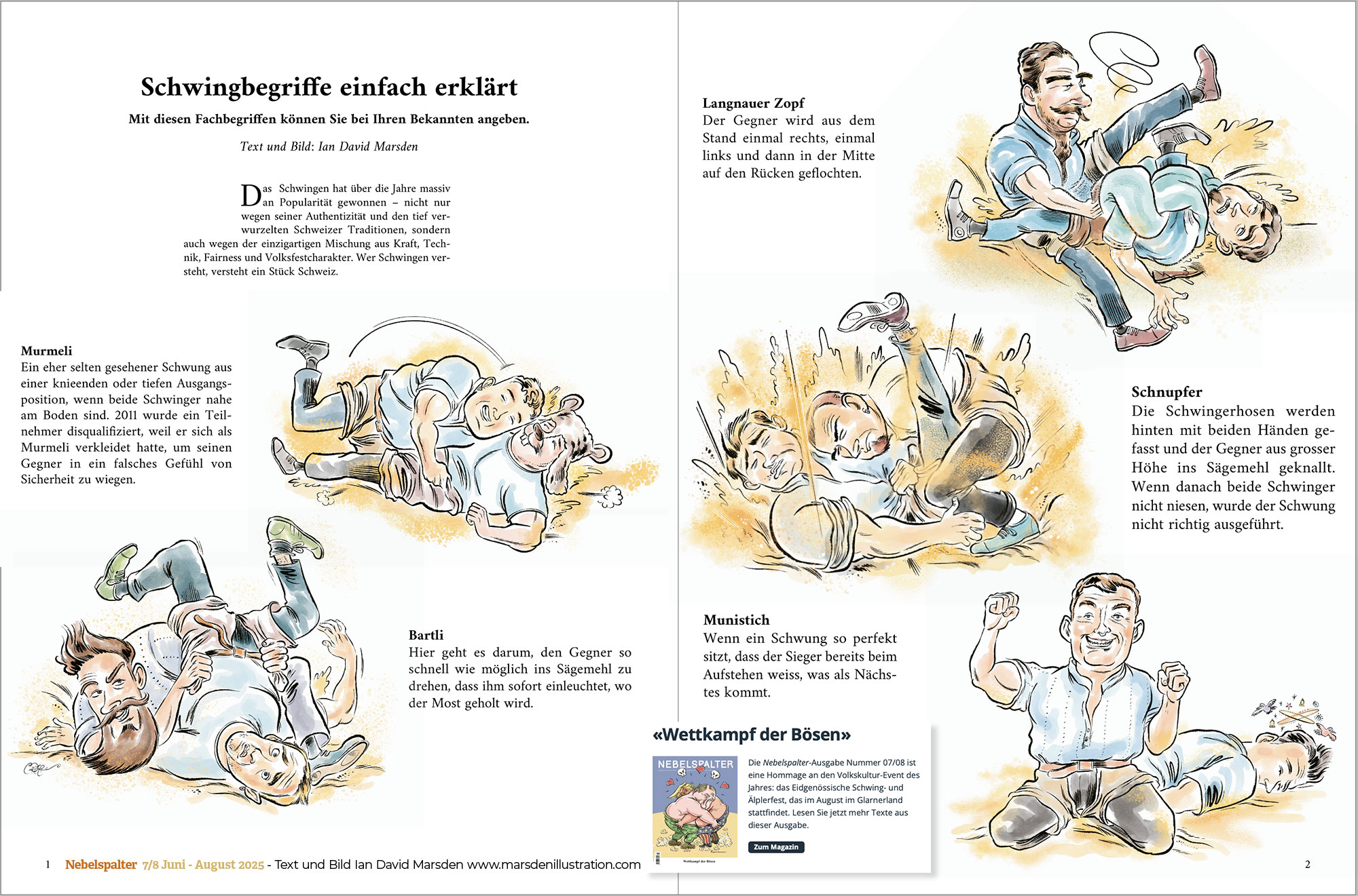 Doppelseite aus dem Nebelspalter 07/08 (2025) mit fünf illustrierten, satirischen Schwingergriffen von Ian David Marsden: Murmeli, Bartli, Langnauer Zopf, Munistich und Schnupfer – gezeichnet anlässlich des Eidgenössischen Schwing- und Älplerfests ESAF 2025 in Glarnerland.