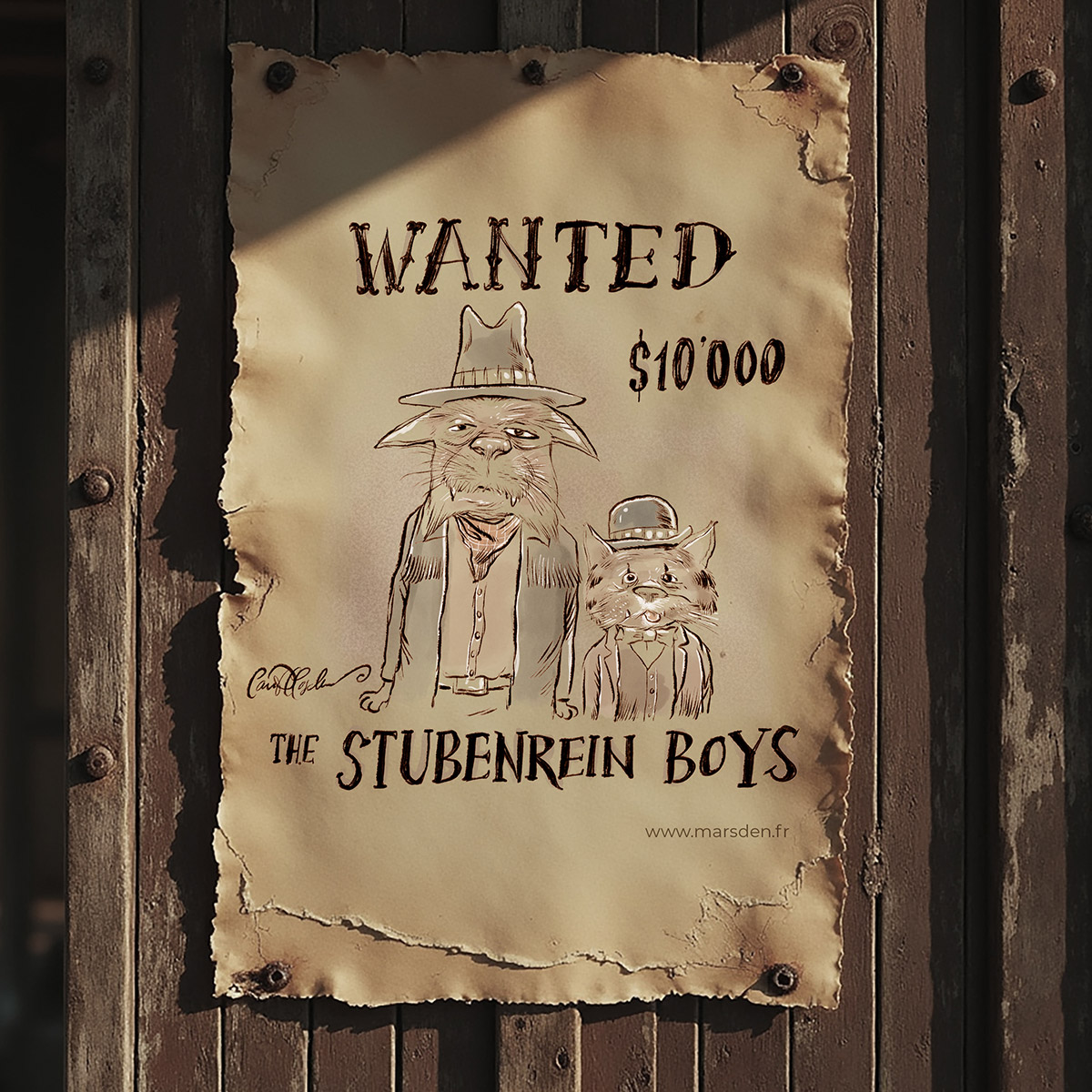Fake vintage-style wanted poster for cartoon outlaw cats “The Stubenrein Boys,” by Ian David Marsden