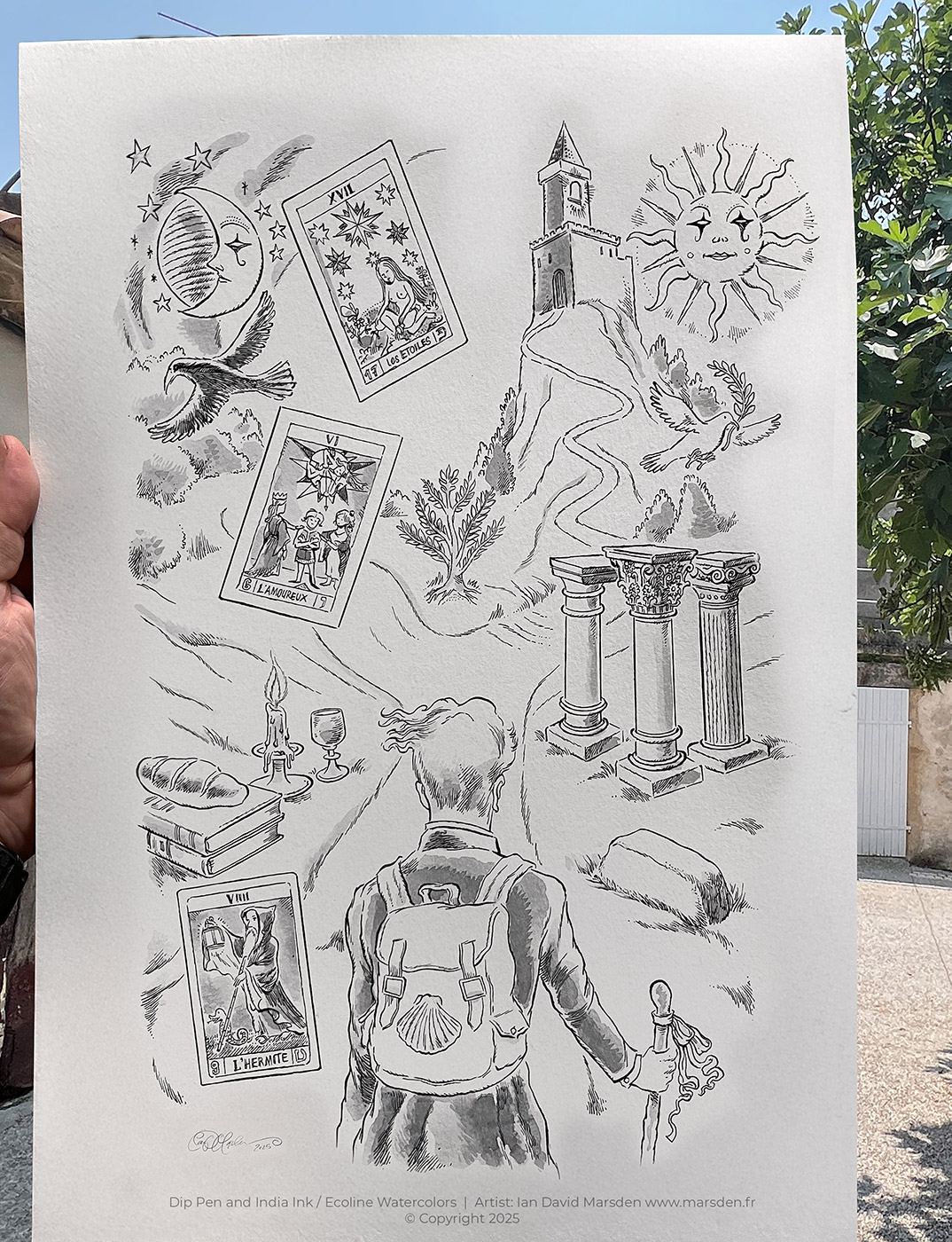 Black and white pen and ink drawing of lone traveler walking up mountain path surrounded by tarot cards and ancient symbols