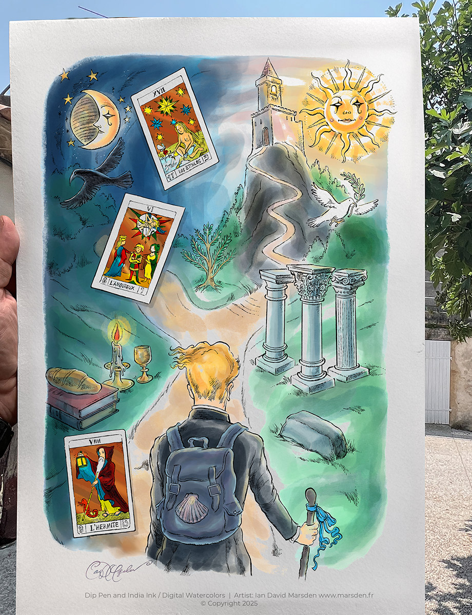 Color illustration of traveler ascending path with tarot cards, moon, sun, and temple ruins in dreamlike style