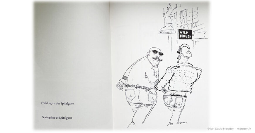 Elderly couple walking through Spitalgasse in Zürich spring scene from Ian David Marsden’s cartoon book