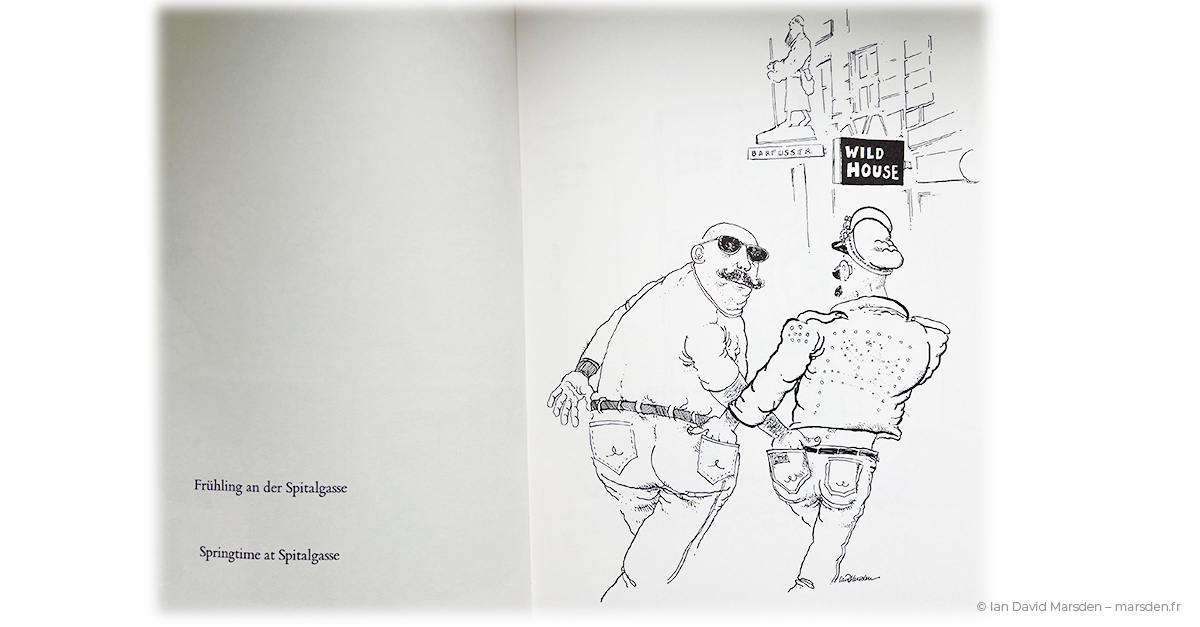 Elderly couple walking through Spitalgasse in Zürich spring scene from Ian David Marsden’s cartoon book