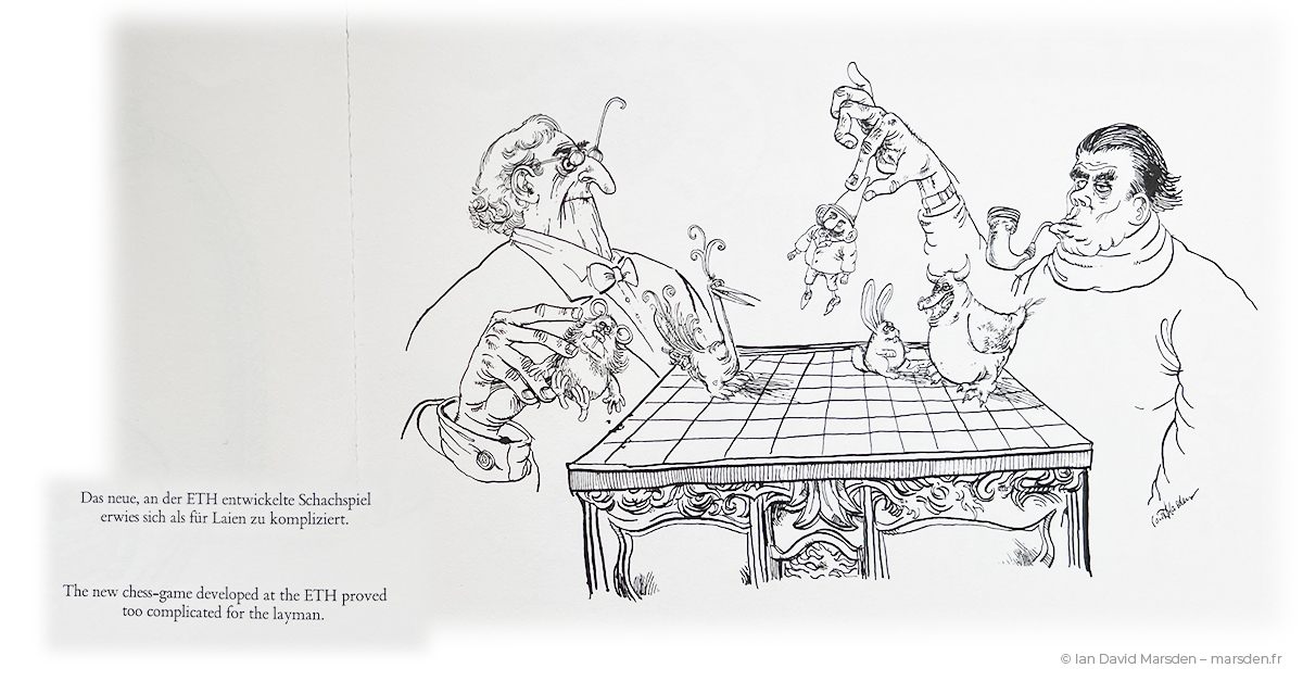 Cartoon of teachers playing complicated chess at ETH Zurich from Zürich, My Little Town