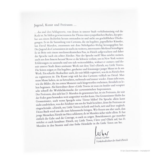Text excerpt of foreword from Zürich, My Little Town written by Zürich Verkehrsdirektor Erich Gerber