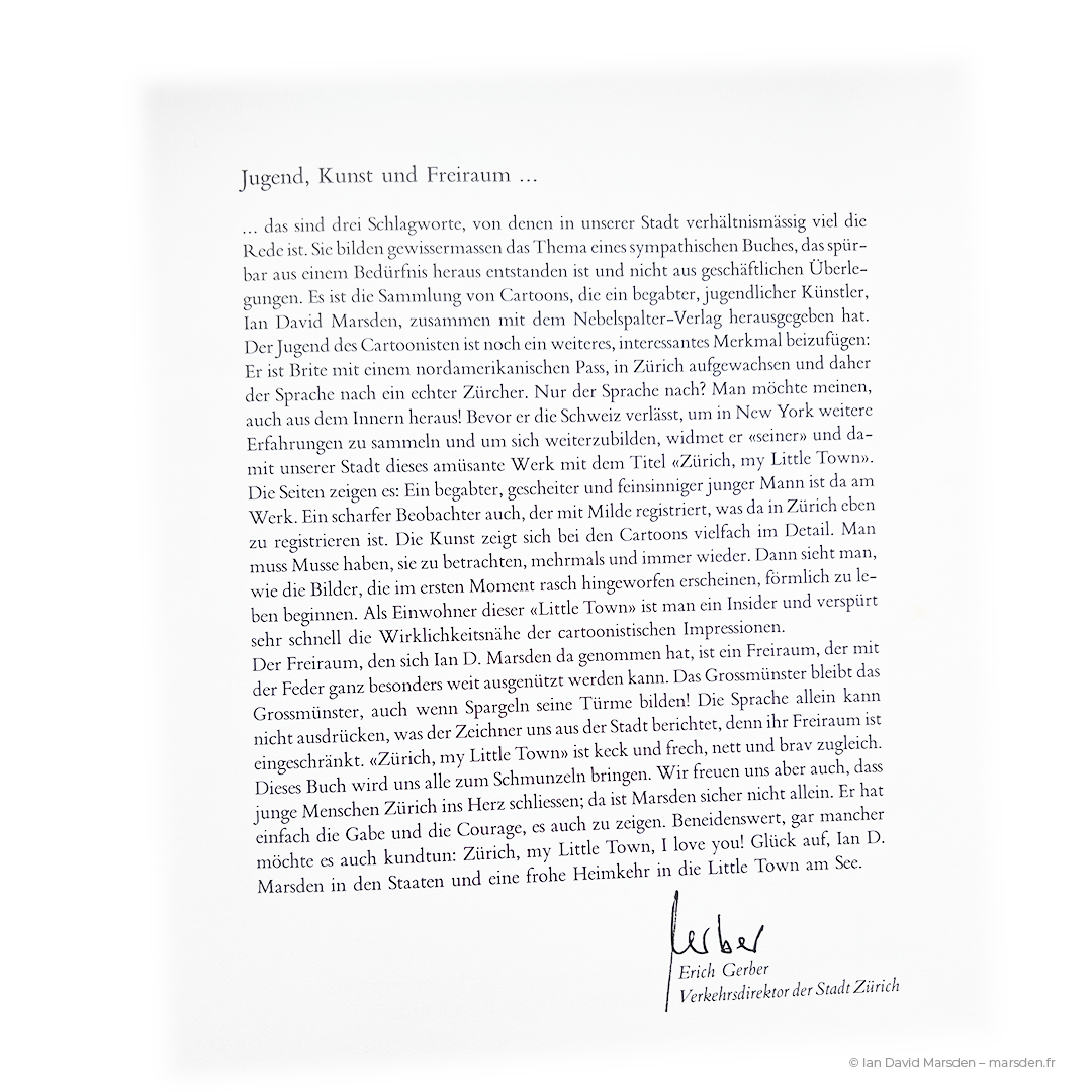 Text excerpt of foreword from Zürich, My Little Town written by Zürich Verkehrsdirektor Erich Gerber