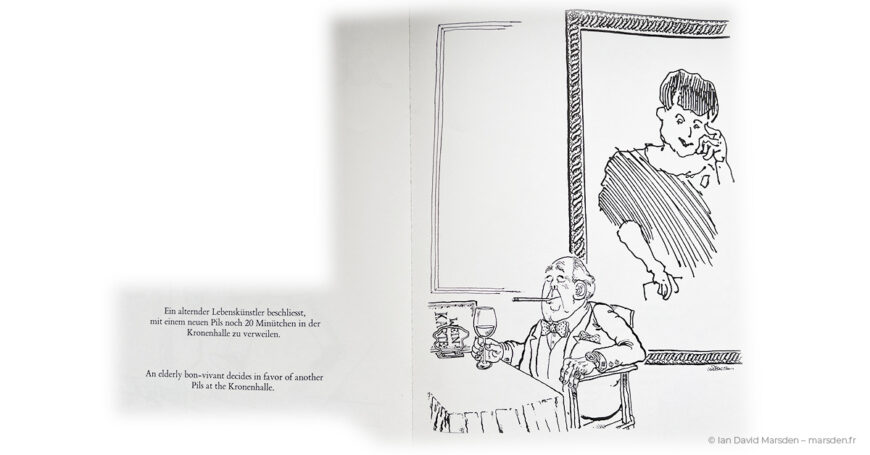 Cartoon by Ian David Marsden of Kronenhalle café with bohemian artist character from Zürich, My Little Town