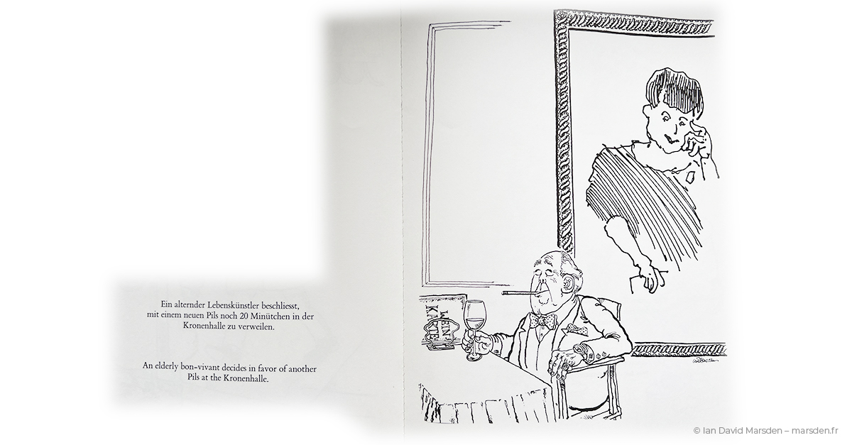 Cartoon by Ian David Marsden of Kronenhalle café with bohemian artist character from Zürich, My Little Town