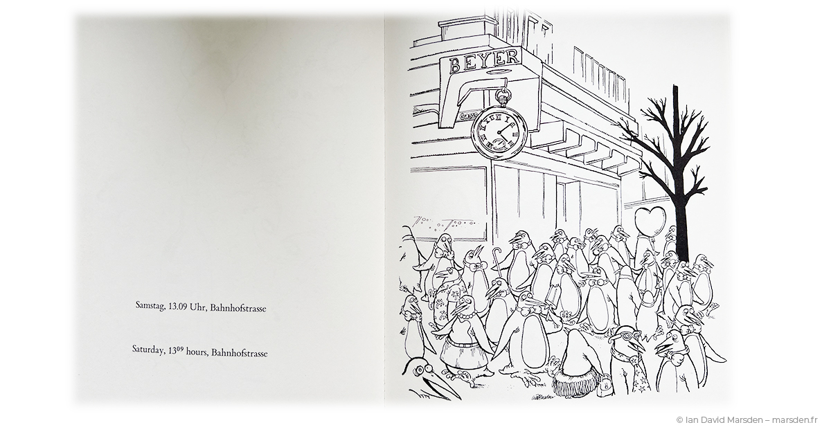 Cartoon showing penguins on Bahnhofstrasse in Zürich from Zürich, My Little Town by Ian David Marsden