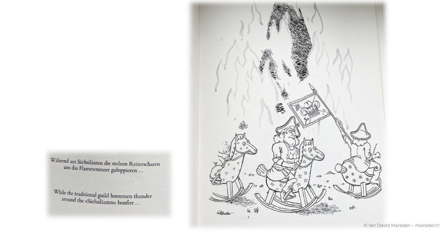 Cartoon from Zürich, My Little Town showing the Böögg being burned at the Sächsilüüte parade