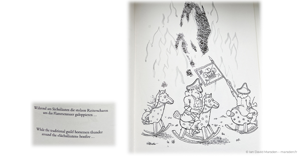 Cartoon from Zürich, My Little Town showing the Böögg being burned at the Sächsilüüte parade