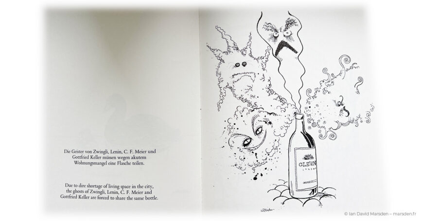 Cartoon of ghosts or spirits rising from wine bottle, from Marsden’s Zürich, My Little Town