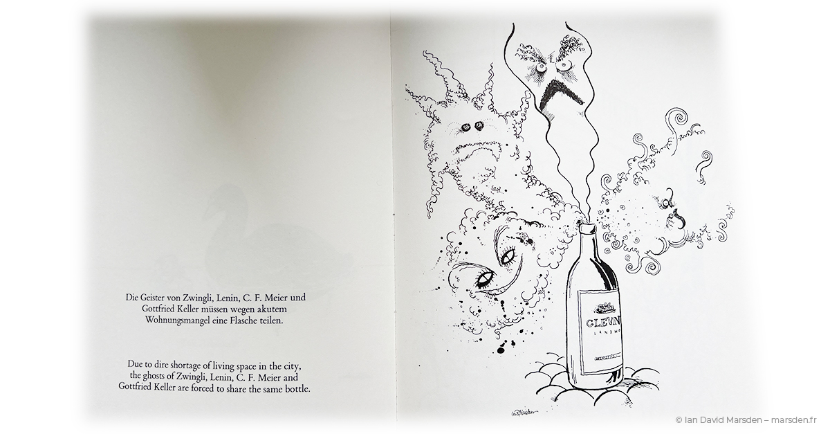 Cartoon of ghosts or spirits rising from wine bottle, from Marsden’s Zürich, My Little Town