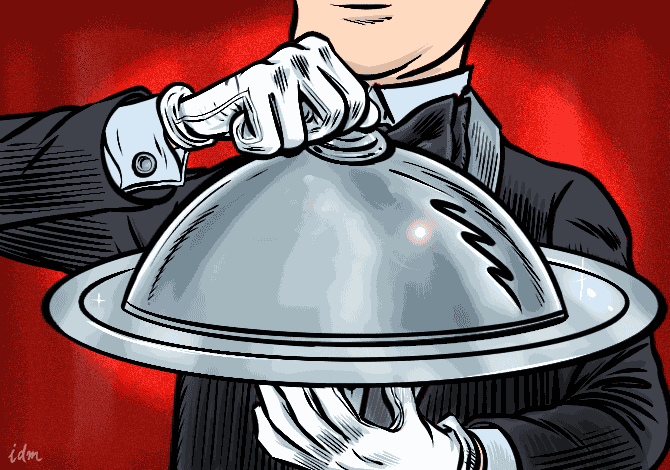 Animated GIF of a butler lifting a silver cloche – invitation eCard design for GMX, WEB.DE, and mail.com
