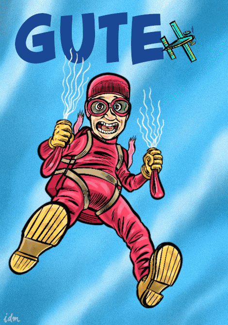 Animated GIF of a skydiver character with “Gute Besserung” – get well eCard design