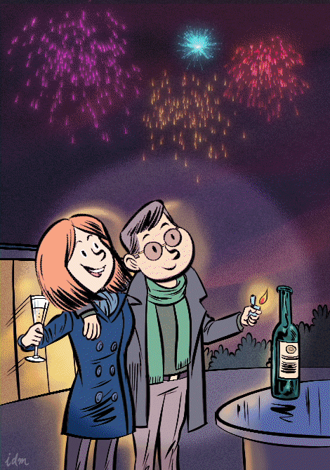 Animated GIF of a boy and his dog in snowy winter with a giant bone gift – Christmas eCard illustration